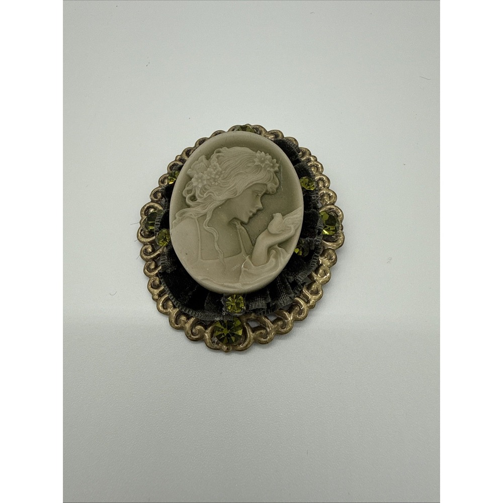 Vintage Cameo Brooch with Velvet Ribbon Trim And Green Stones